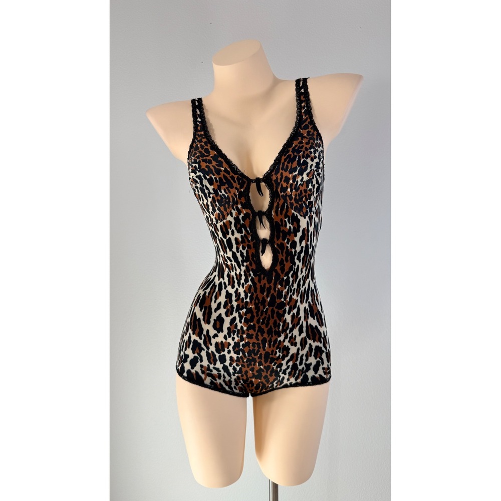 Vanity Fair Leopard Print Black Lace Trim Bodysuit Teddy 32B Vintage USA